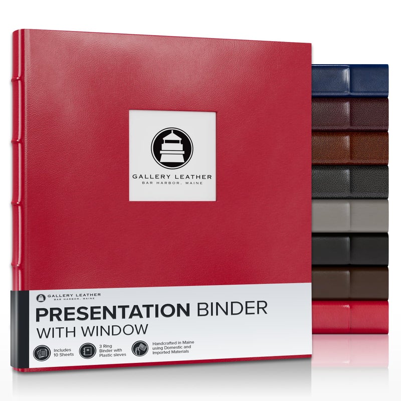 Gallery Leather 3 Ring Binder with Plastic Sleeves, Includes 10 Sheets, Sheet Size: 8.5" x 11" - Presentation Binder Rings with Window and Hubbed Spine, Thick: 1.25" Camden Red - Image 1
